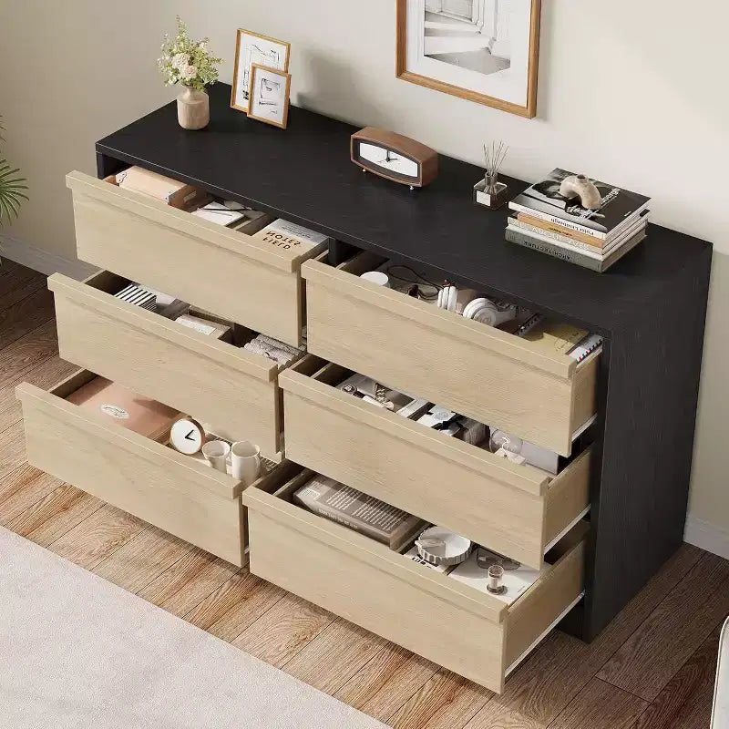 Commode à 6 tiroirs pour chambre à coucher, Organiseur de commode double moderne avec 6 tiroirs, Commode en bois pour salon, couloir, entrée