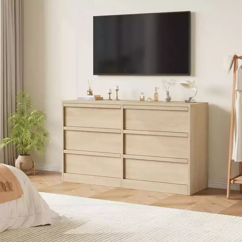 Commode à 6 tiroirs pour chambre à coucher, Organiseur de commode double moderne avec 6 tiroirs, Commode en bois pour salon, couloir, entrée