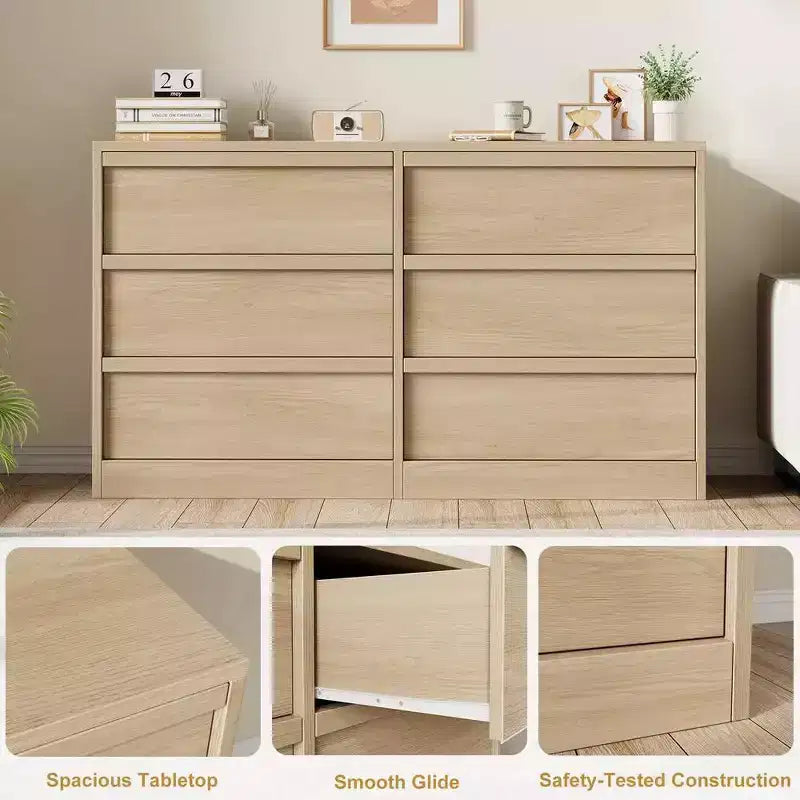 Commode à 6 tiroirs pour chambre à coucher, Organiseur de commode double moderne avec 6 tiroirs, Commode en bois pour salon, couloir, entrée