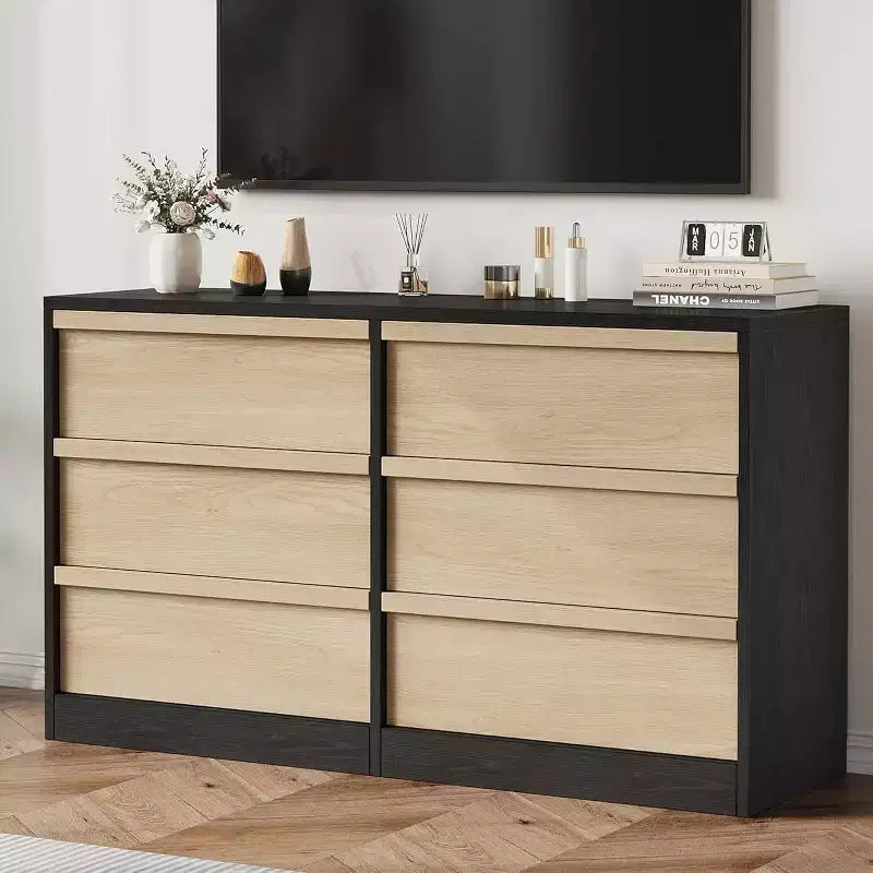 Commode à 6 tiroirs pour chambre à coucher, Organiseur de commode double moderne avec 6 tiroirs, Commode en bois pour salon, couloir, entrée