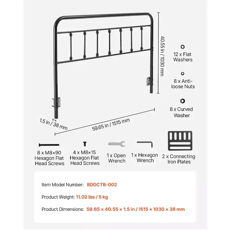 Tête de lit en métal VEVOR, tête de lit Queen Size avec hauteur réglable, tête de lit en métal pour lit Queen Size, L151,5 x H103 x P3,8 cm, noir