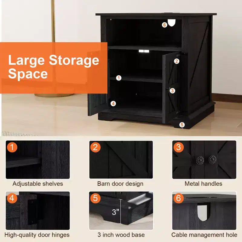 Table d'appoint Dyonery avec station de charge, tables d'appoint de salon style ferme de 61 cm, table de chevet rustique en bois, pour chambre à coucher, noir