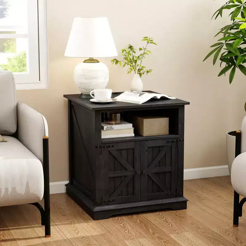 Table d'appoint Dyonery avec station de charge, tables d'appoint de salon style ferme de 61 cm, table de chevet rustique en bois, pour chambre à coucher, noir