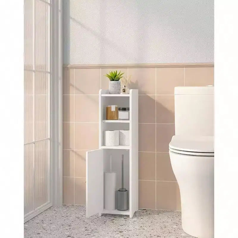 Meuble de rangement de salle de bain d'angle avec portes et étagère réglable, meuble étroit pour papier toilette, petits espaces, blanc
