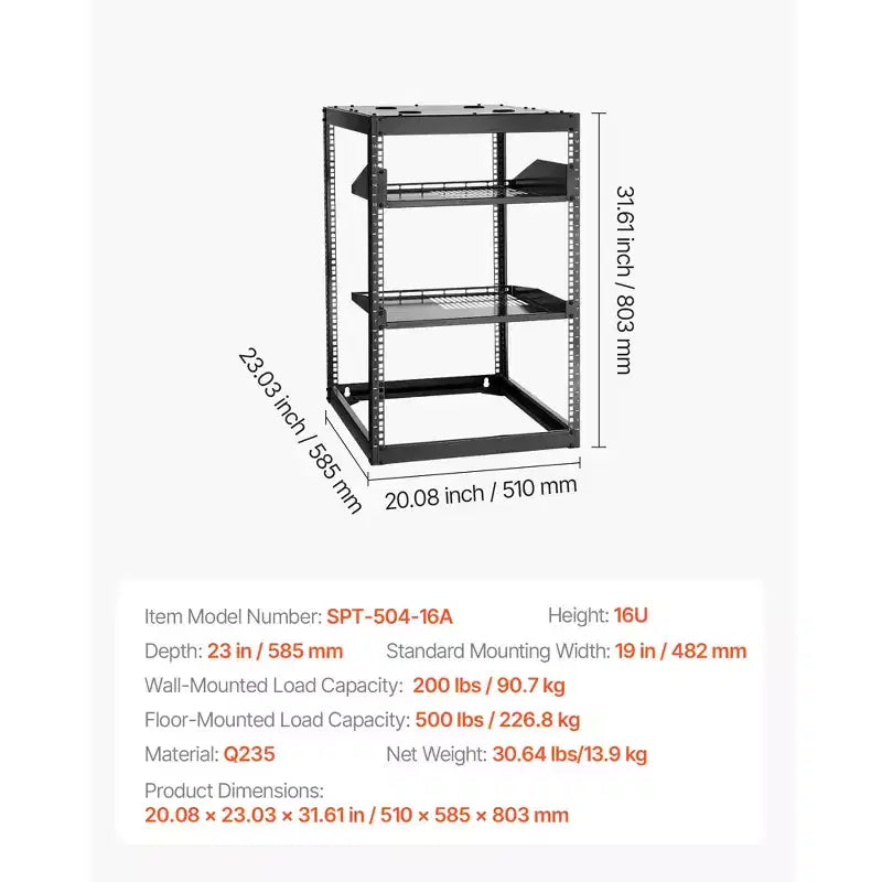 Rack de réseau à cadre ouvert VEVOR 16U, profondeur 23 pouces, rack de serveur mural ou sur pied, robuste 4 montants, avec étagères ventilées, noir