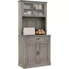 Meuble de rangement haut pour garde-manger - Armoires de cuisine avec support pour micro-ondes, portes en verre cannelé, tiroir, étagères réglables - Parfait pour les salles à manger