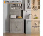 Meuble de rangement haut pour garde-manger - Armoires de cuisine avec support pour micro-ondes, portes en verre cannelé, tiroir, étagères réglables - Parfait pour les salles à manger