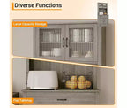 Meuble de rangement haut pour garde-manger - Armoires de cuisine avec support pour micro-ondes, portes en verre cannelé, tiroir, étagères réglables - Parfait pour les salles à manger