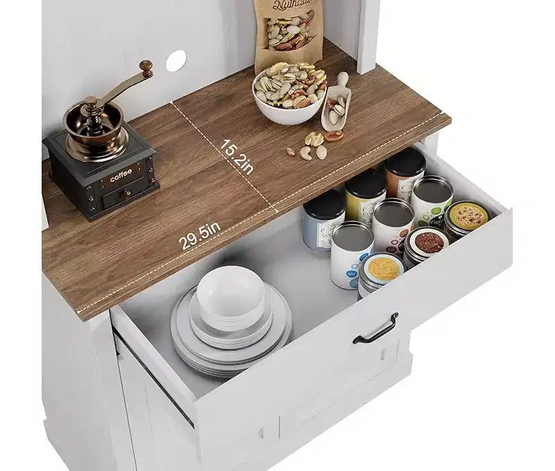 Meuble de rangement haut pour garde-manger - Armoires de cuisine avec support pour micro-ondes, portes en verre cannelé, tiroir, étagères réglables - Parfait pour les salles à manger