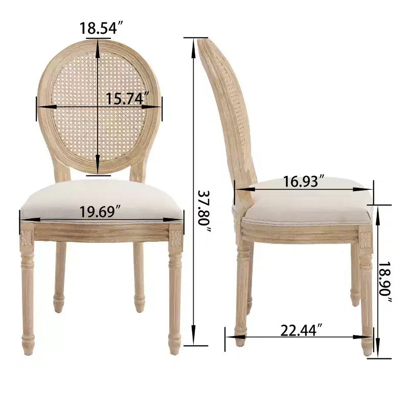 Lot de 2 chaises de salle à manger rustiques françaises rembourrées avec dossier en rotin, chaises de cuisine sans accoudoirs en bois massif de style ferme pour salle à manger - Panipeachy