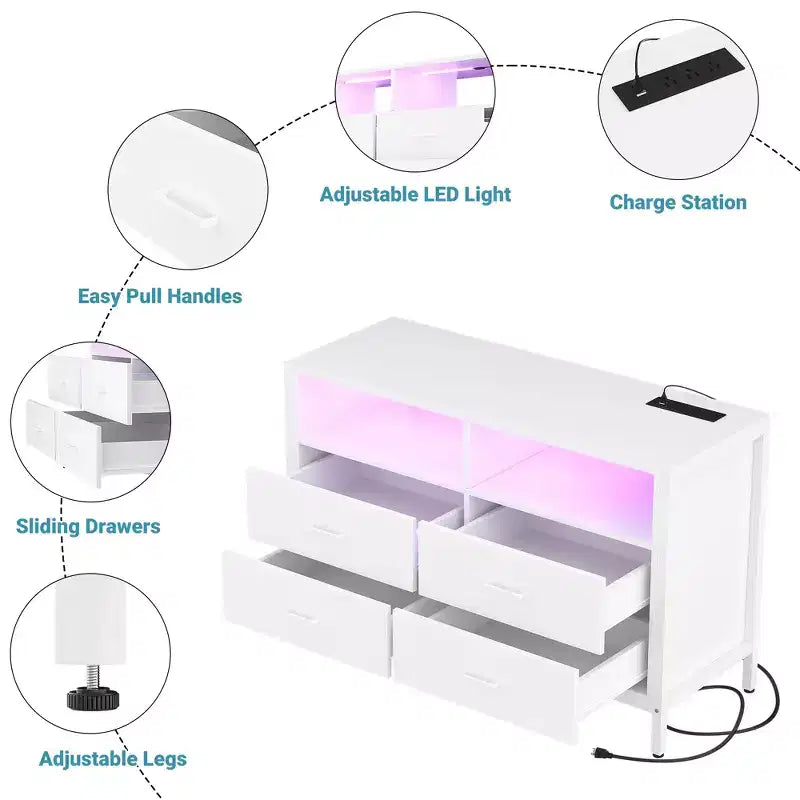Commode de chambre Besiost avec lumières LED et prises de courant, commode meuble TV avec 4 tiroirs