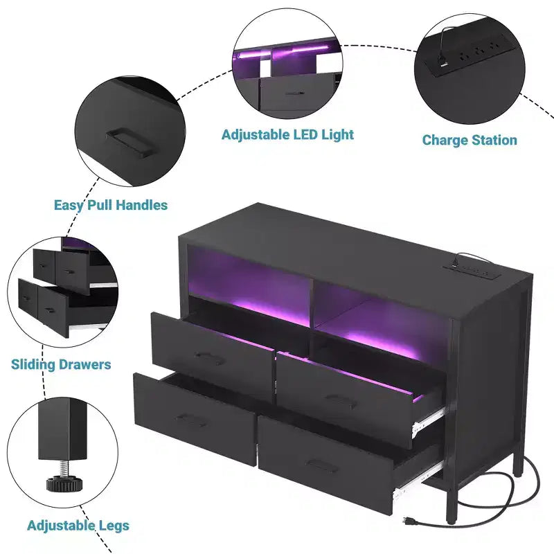 Commode de chambre Besiost avec lumières LED et prises de courant, commode meuble TV avec 4 tiroirs