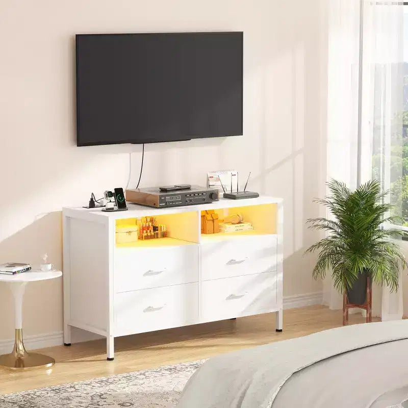 Commode de chambre Besiost avec lumières LED et prises de courant, commode meuble TV avec 4 tiroirs