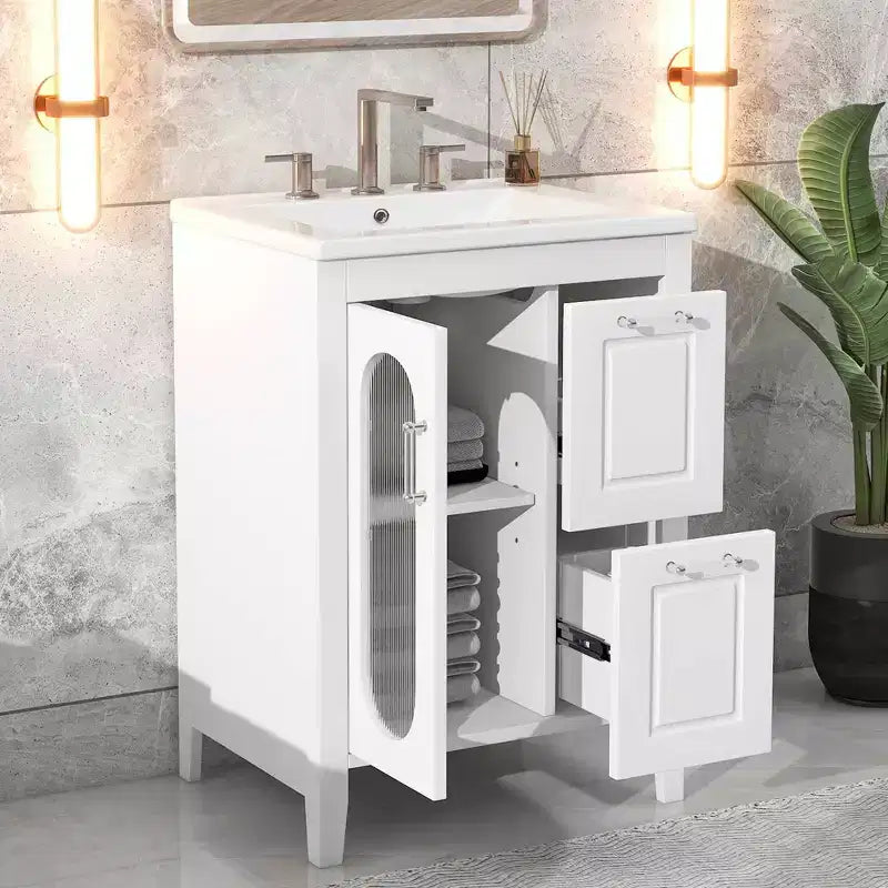 MAYEERTY 24 Meuble-lavabo avec évier 2 tiroirs 1 porte Étagère réglable Bois massif MDF Blanc