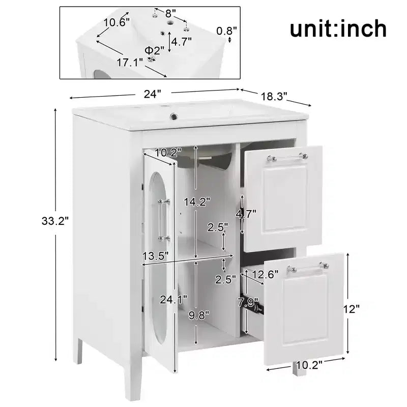 MAYEERTY 24 Meuble-lavabo avec évier 2 tiroirs 1 porte Étagère réglable Bois massif MDF Blanc
