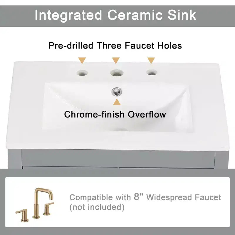 MAYEERTY 24 Meuble-lavabo avec évier 2 tiroirs 1 porte Étagère réglable Bois massif MDF Blanc