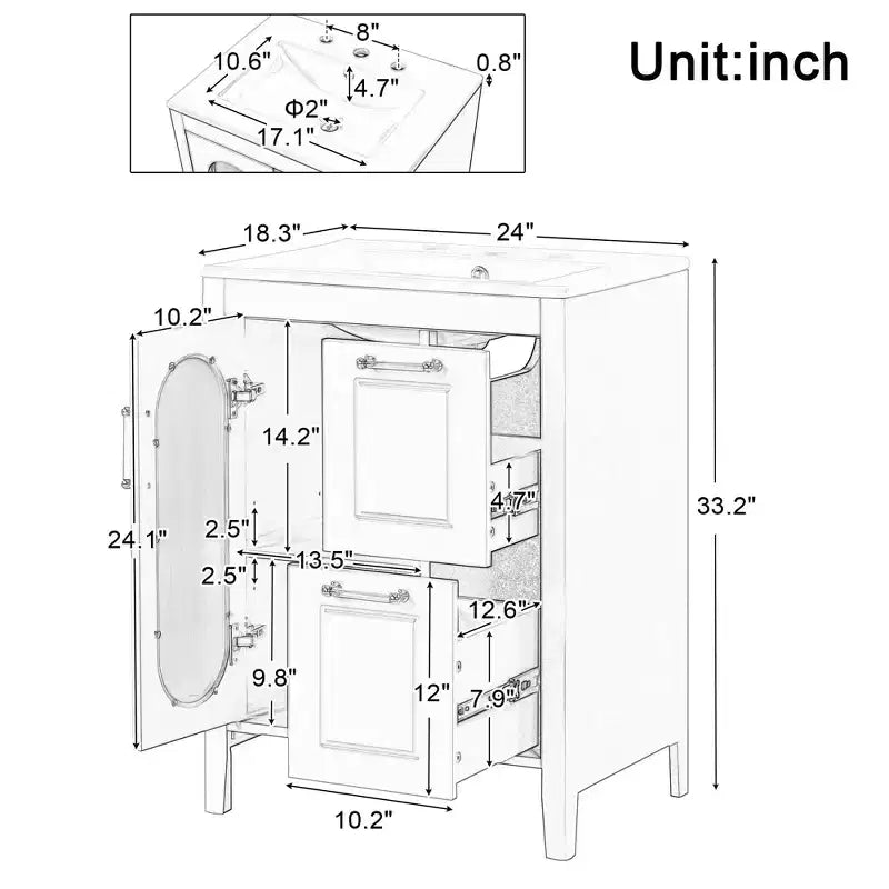 MAYEERTY 24 Meuble-lavabo avec évier 2 tiroirs 1 porte Étagère réglable Bois massif MDF Blanc
