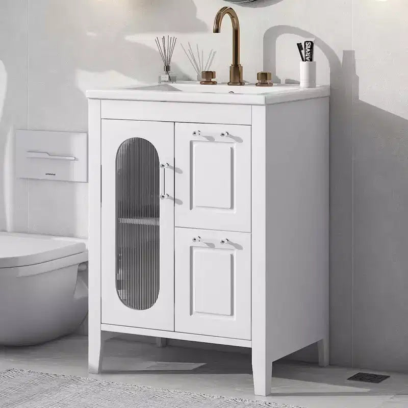 MAYEERTY 24 Meuble-lavabo avec évier 2 tiroirs 1 porte Étagère réglable Bois massif MDF Blanc