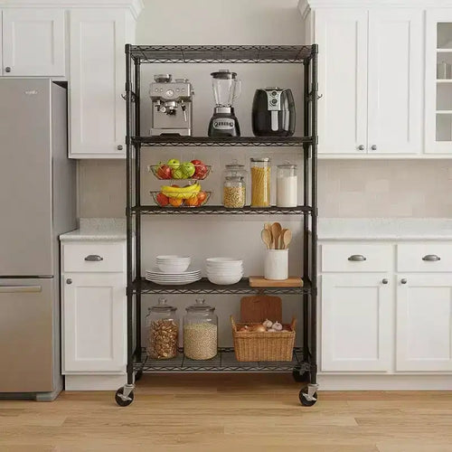 Étagère de rangement à 5 niveaux avec roulettes Unité d'étagères en fil métallique réglable Étagère de cuisine en métal Garage Cellier Buanderie Organisateur Rangement