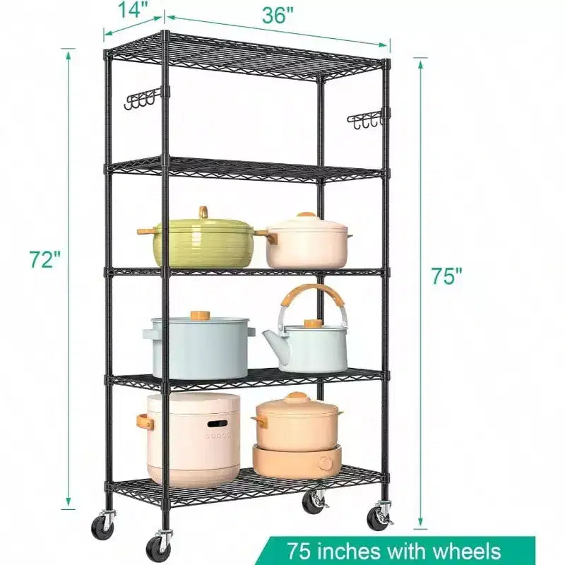 Étagère de rangement à 5 niveaux avec roulettes Unité d'étagères en fil métallique réglable Étagère de cuisine en métal Garage Cellier Buanderie Organisateur Rangement