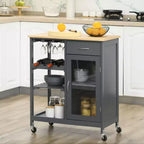 Îlot de cuisine roulant avec rangement, chariot de cuisine avec range-bouteilles 4 bouteilles, chariot de bar avec porte-verres, étagères, tiroir et placard