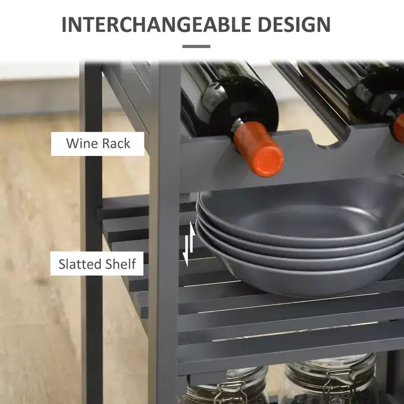 Îlot de cuisine roulant avec rangement, chariot de cuisine avec range-bouteilles 4 bouteilles, chariot de bar avec porte-verres, étagères, tiroir et placard