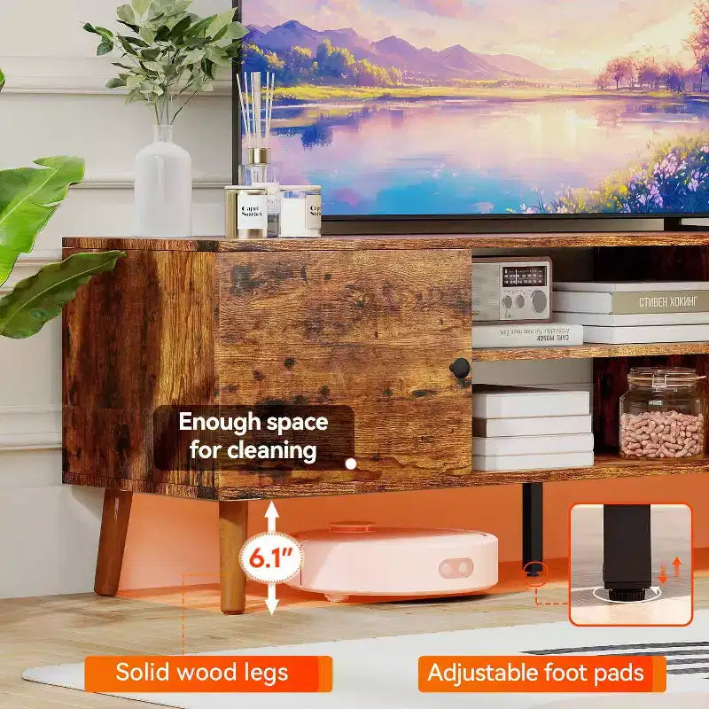 Meuble TV FDW pour téléviseurs de 55 à 60 pouces, centre de divertissement avec 2 armoires de rangement et étagères ouvertes, console multimédia moderne.