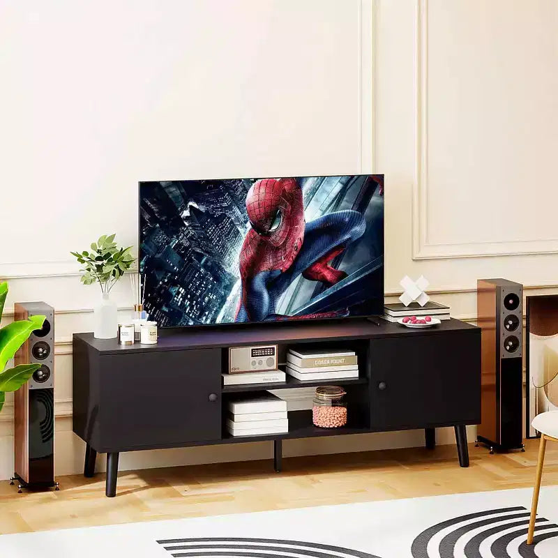 Meuble TV FDW pour téléviseurs de 55 à 60 pouces, centre de divertissement avec 2 armoires de rangement et étagères ouvertes, console multimédia moderne.