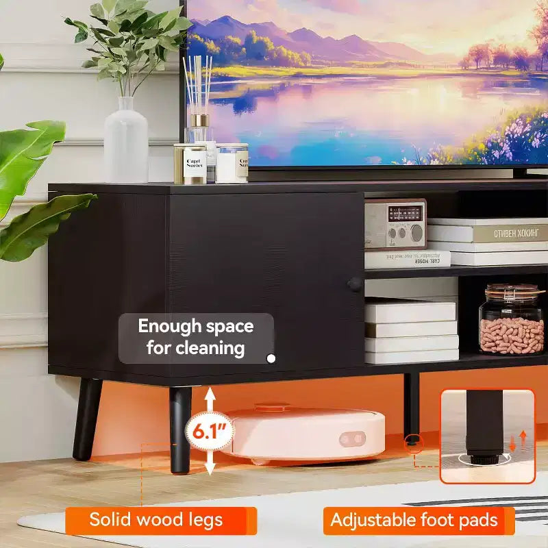 Meuble TV FDW pour téléviseurs de 55 à 60 pouces, centre de divertissement avec 2 armoires de rangement et étagères ouvertes, console multimédia moderne.