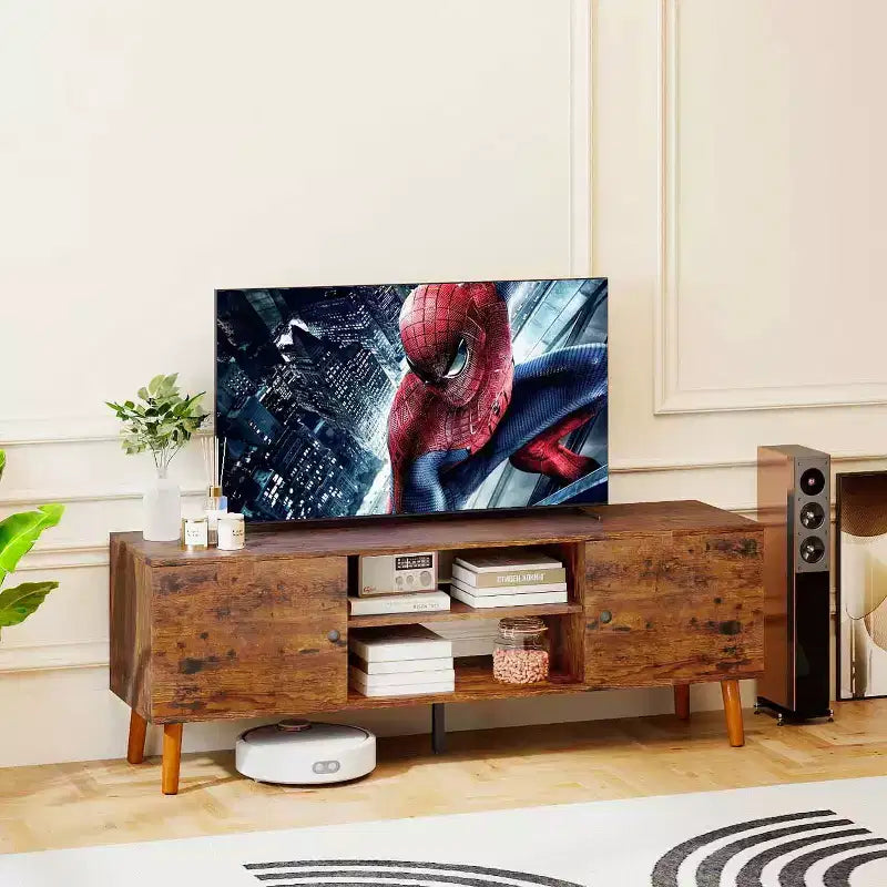 Meuble TV FDW pour téléviseurs de 55 à 60 pouces, centre de divertissement avec 2 armoires de rangement et étagères ouvertes, console multimédia moderne.