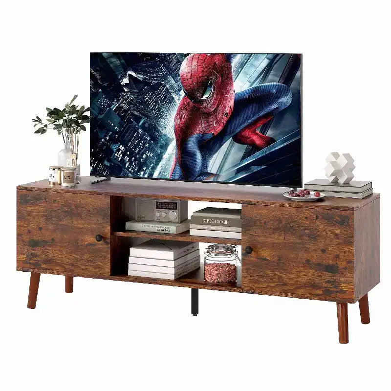 Meuble TV FDW pour téléviseurs de 55 à 60 pouces, centre de divertissement avec 2 armoires de rangement et étagères ouvertes, console multimédia moderne.