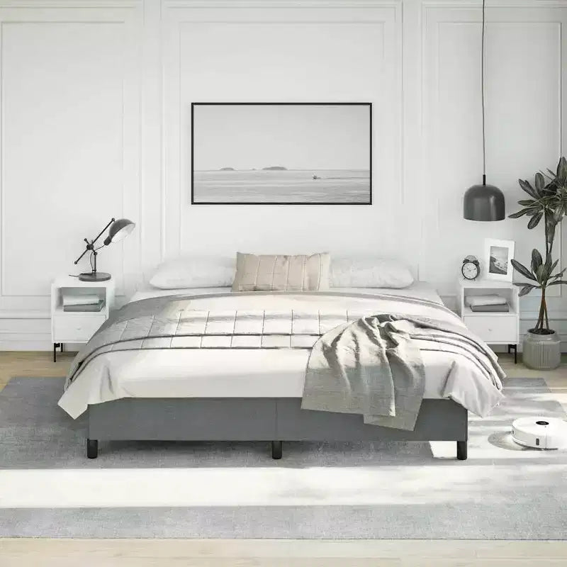 Cadre de lit en tissu de polyester gris foncé, contreplaqué, bois d'ingénierie King
