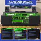Meuble TV moderne pour téléviseurs de 65/75 pouces, meuble de divertissement LED avec armoires de rangement et cloison mobile, console TV pour salon, noir
