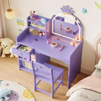 Coiffeuse pour enfants avec miroir, ensemble de coiffeuse princesse 2 en 1 pour tout-petits, table et chaise avec étagère ouverte, meuble de rangement et étagères pour filles