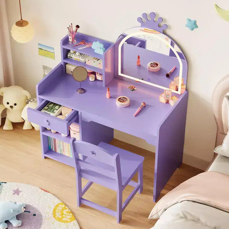 Coiffeuse pour enfants avec miroir, ensemble de coiffeuse princesse 2 en 1 pour tout-petits, table et chaise avec étagère ouverte, meuble de rangement et étagères pour filles