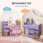 Coiffeuse pour enfants avec miroir, ensemble de coiffeuse princesse 2 en 1 pour tout-petits, table et chaise avec étagère ouverte, meuble de rangement et étagères pour filles
