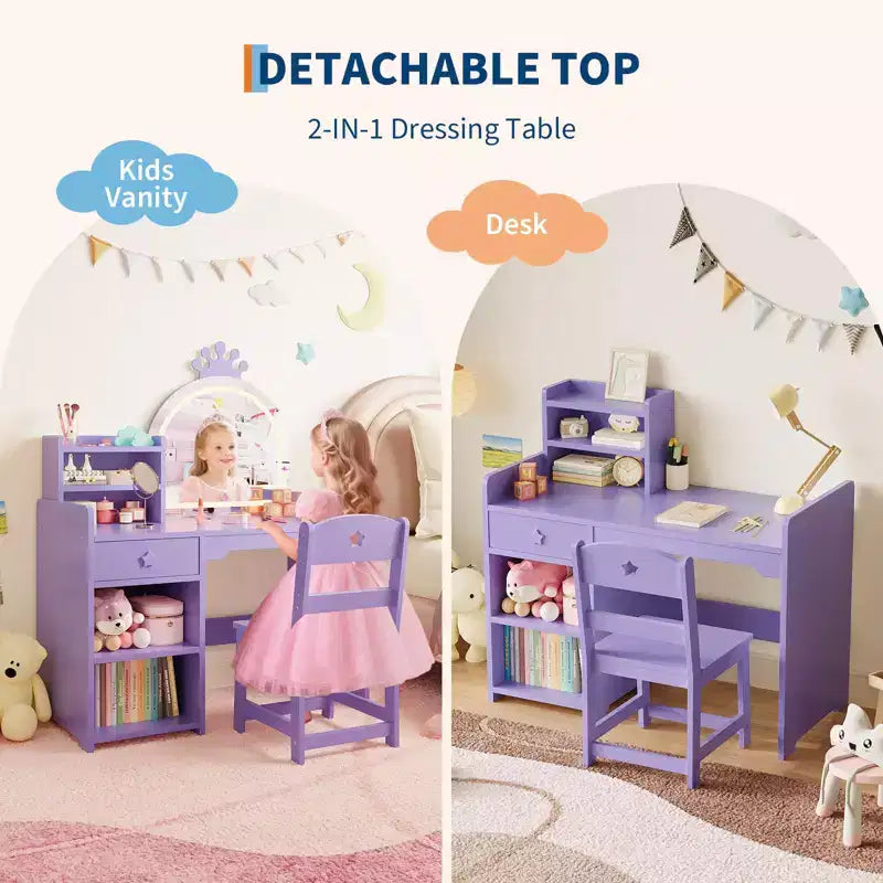 Coiffeuse pour enfants avec miroir, ensemble de coiffeuse princesse 2 en 1 pour tout-petits, table et chaise avec étagère ouverte, meuble de rangement et étagères pour filles