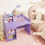 Coiffeuse pour enfants avec miroir, ensemble de coiffeuse princesse 2 en 1 pour tout-petits, table et chaise avec étagère ouverte, meuble de rangement et étagères pour filles
