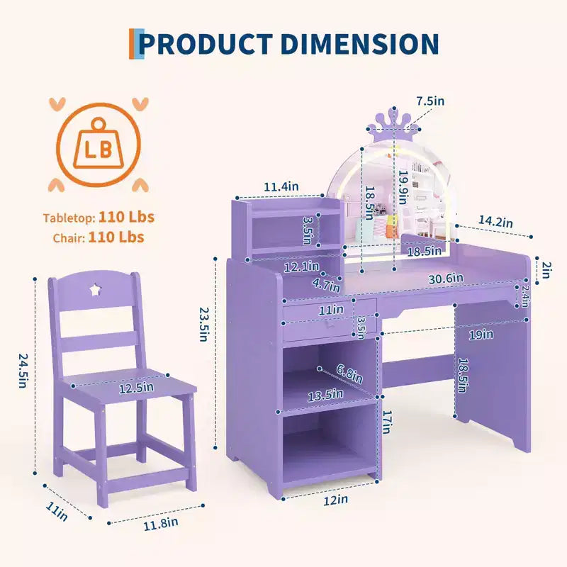 Coiffeuse pour enfants avec miroir, ensemble de coiffeuse princesse 2 en 1 pour tout-petits, table et chaise avec étagère ouverte, meuble de rangement et étagères pour filles