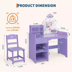 Coiffeuse pour enfants avec miroir, ensemble de coiffeuse princesse 2 en 1 pour tout-petits, table et chaise avec étagère ouverte, meuble de rangement et étagères pour filles