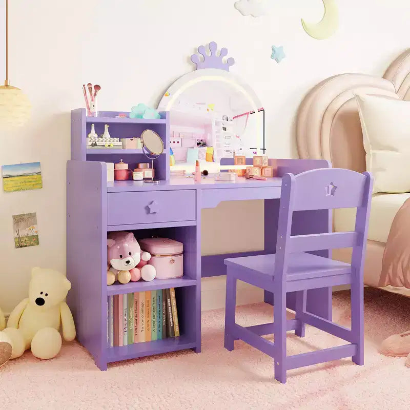 Coiffeuse pour enfants avec miroir, ensemble de coiffeuse princesse 2 en 1 pour tout-petits, table et chaise avec étagère ouverte, meuble de rangement et étagères pour filles