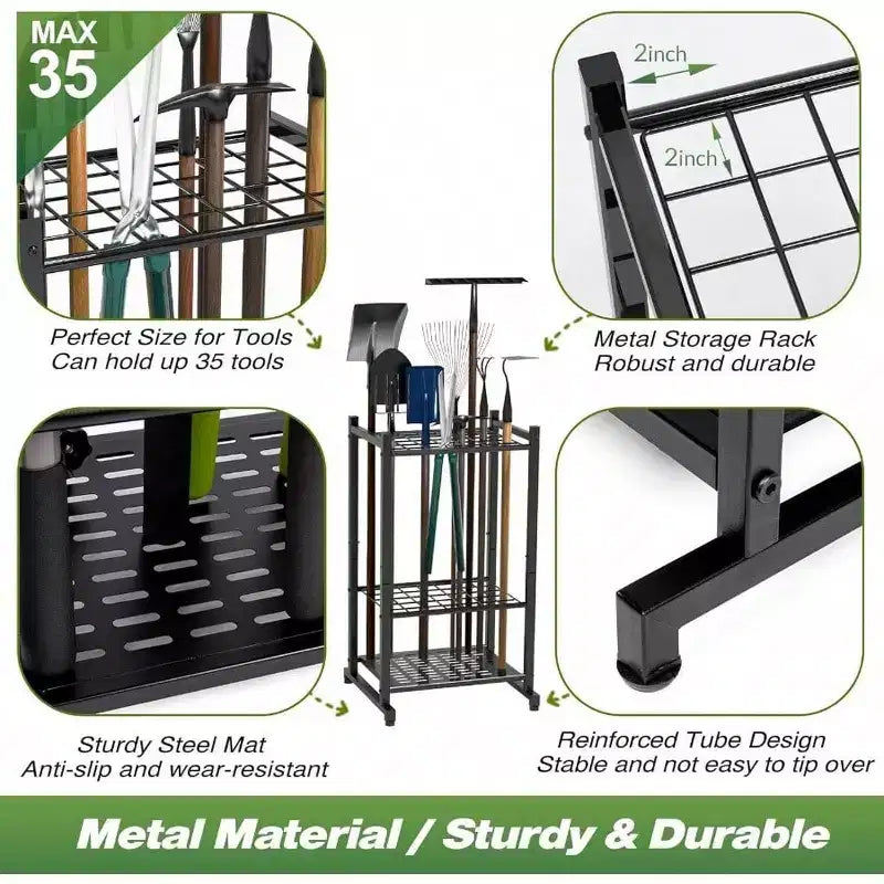 Organisateur de Jardin Tour de Rangement pour Garage en Acier Robuste Noir Abri Extérieur pour 35 Outils à Long Manche Râteaux Balais Support