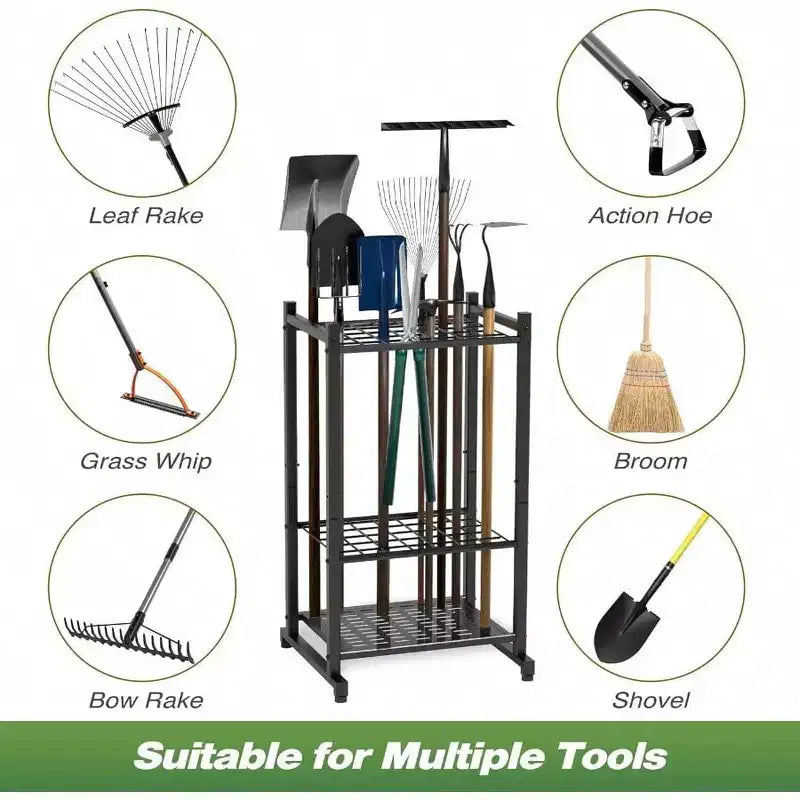 Organisateur de Jardin Tour de Rangement pour Garage en Acier Robuste Noir Abri Extérieur pour 35 Outils à Long Manche Râteaux Balais Support