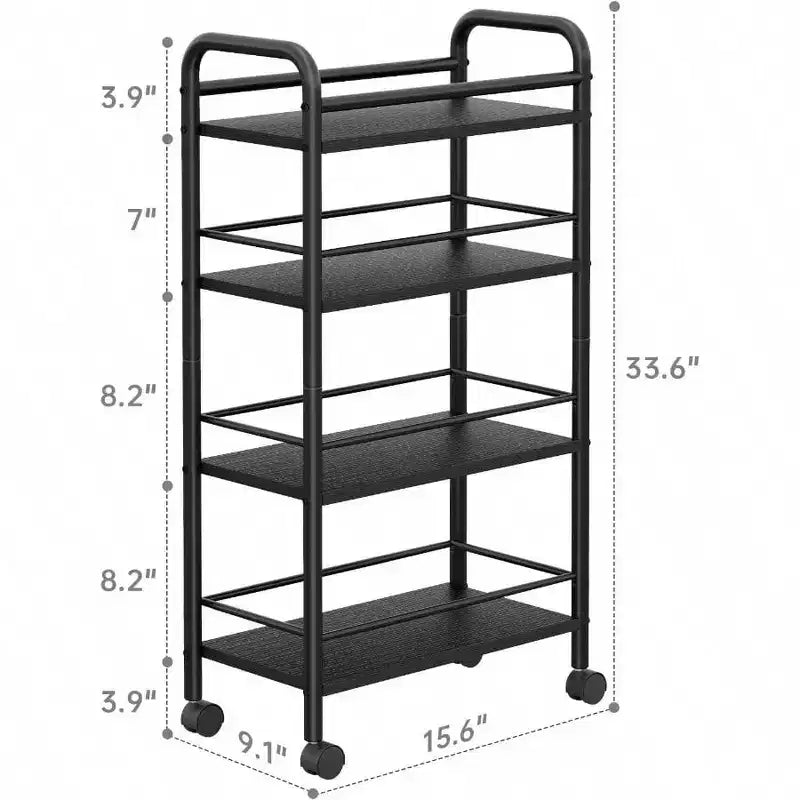 Chariot de Rangement Mince 4 Niveaux en Métal et Bois Chariot de Salle de Bain Roulant Noir Chariot Utilitaire Étroit de Cuisine Buanderie sur Roues