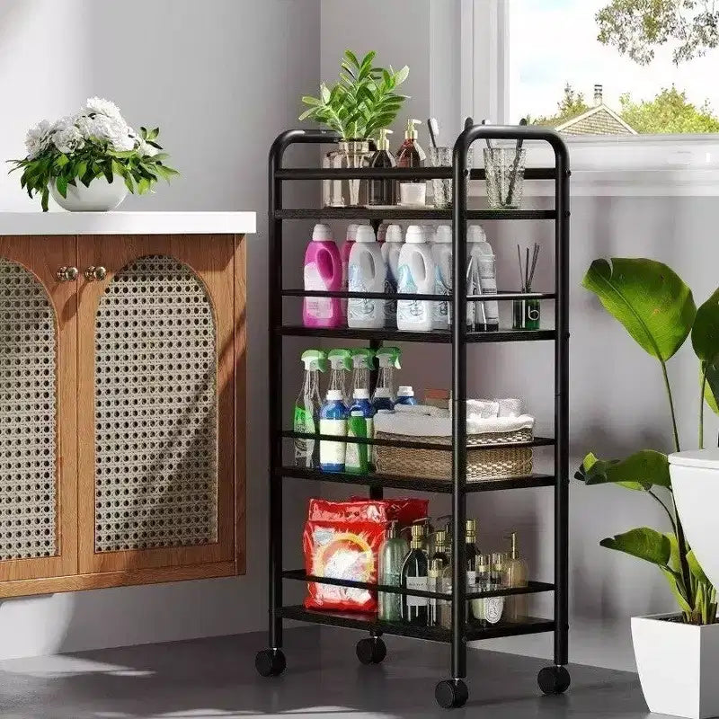 Chariot de Rangement Mince 4 Niveaux en Métal et Bois Chariot de Salle de Bain Roulant Noir Chariot Utilitaire Étroit de Cuisine Buanderie sur Roues