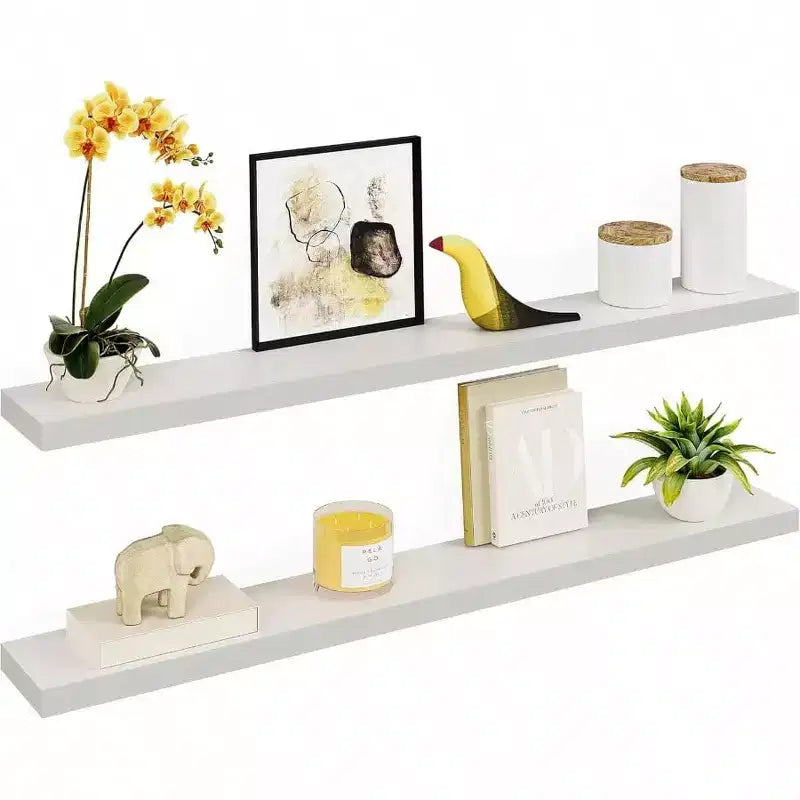 Étagères Flottantes 55 Pouces en Bois, Lot de 2 avec Supports, Blanches, Profondeur 6 Pouces, pour Salle de Bain et Salon