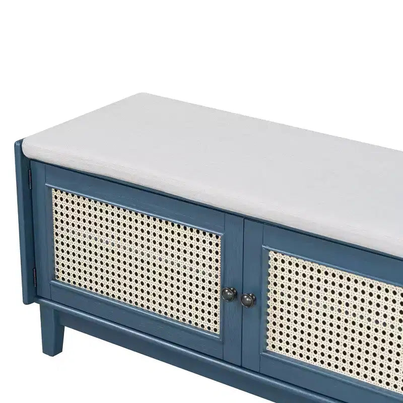 Banc de rangement d'entrée bohème Whisen, banc à chaussures en bois, banc rembourré avec portes doubles