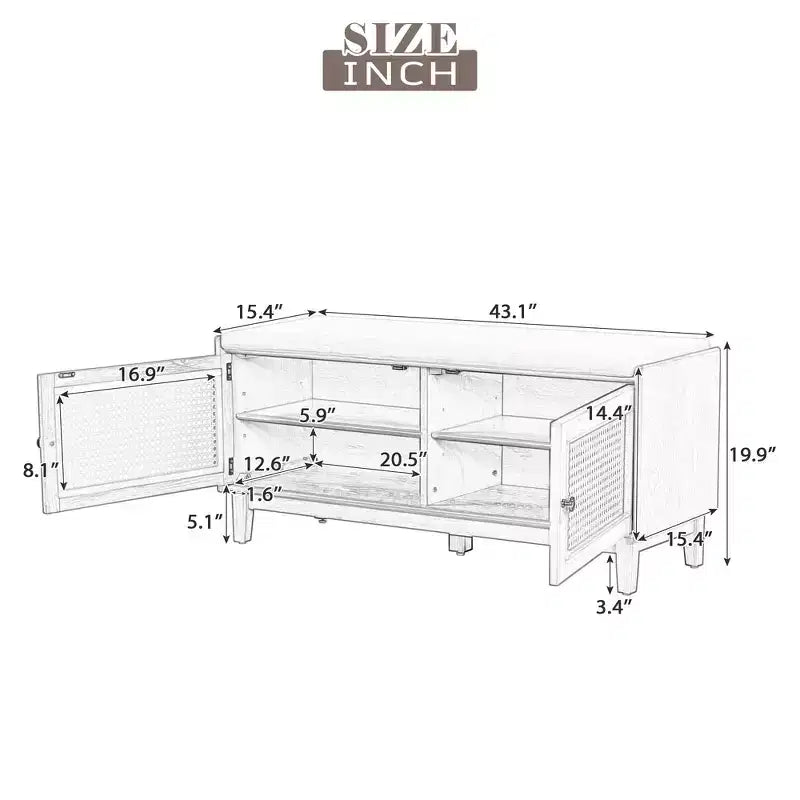 Banc de rangement d'entrée bohème Whisen, banc à chaussures en bois, banc rembourré avec portes doubles