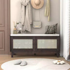 Banc de rangement d'entrée bohème Whisen, banc à chaussures en bois, banc rembourré avec portes doubles
