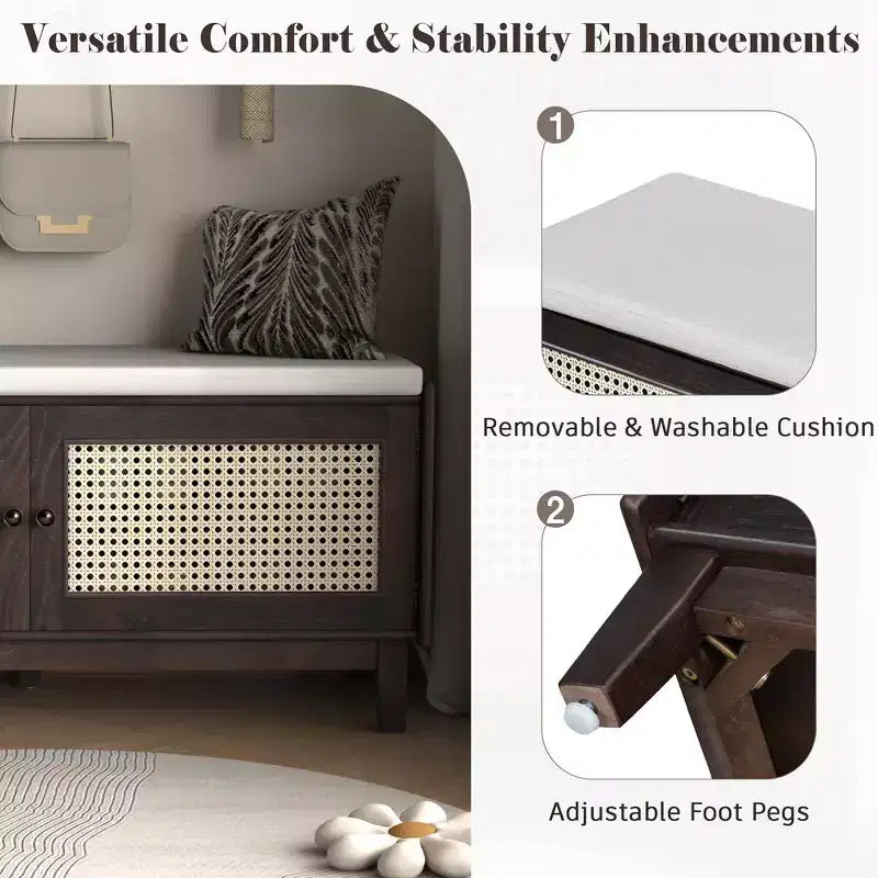 Banc de rangement d'entrée bohème Whisen, banc à chaussures en bois, banc rembourré avec portes doubles